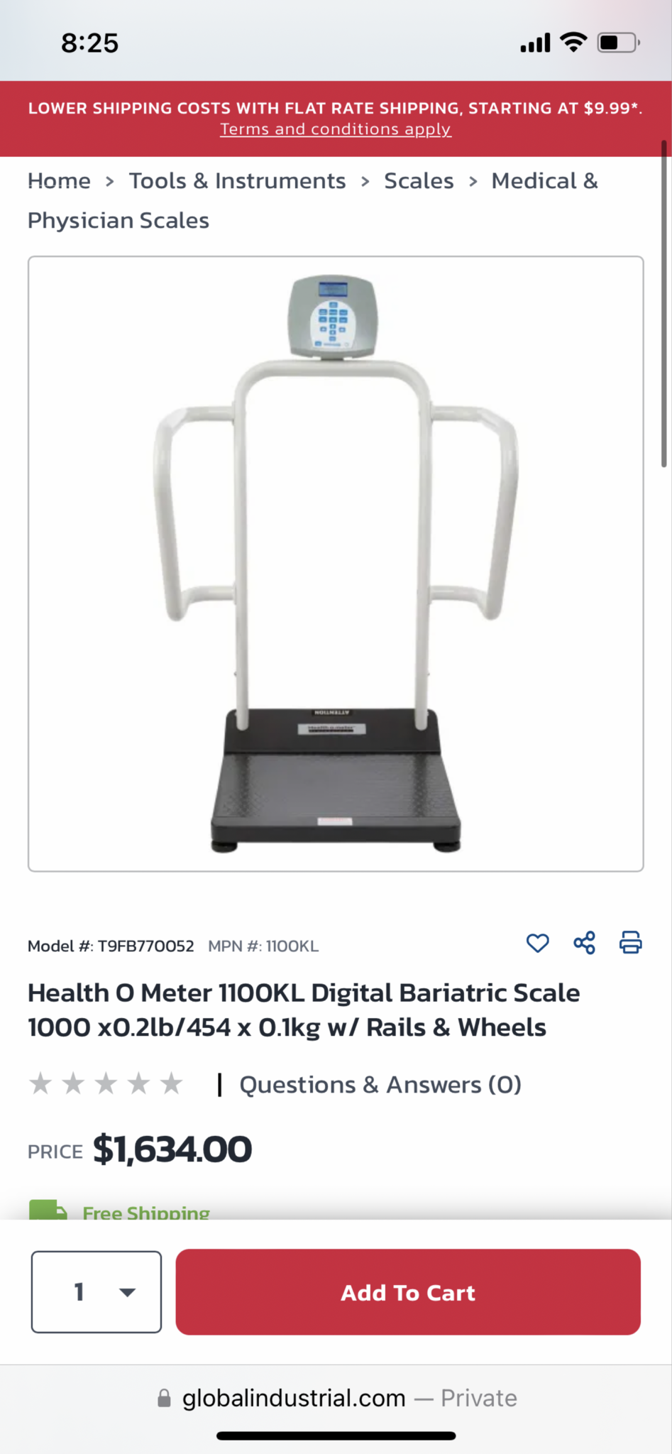 Health O Meter 1100KL Digital Bariatric Scale 1000 x0.2lb/454 x 0.1kg w/  Rails & Wheels