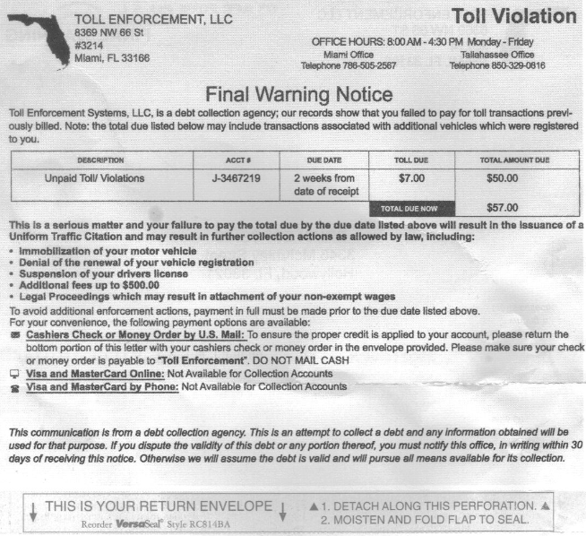 Toll Violation Letter Scam (Fort Lauderdale Police Department