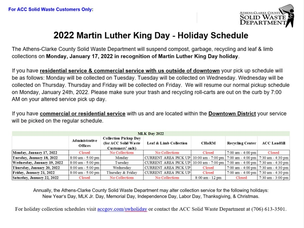 For ACC Solid Waste Customers Only: 2022 MLK Holiday Schedule  (Athens-Clarke County Unified Government) &mdash; Nextdoor — Nextdoor