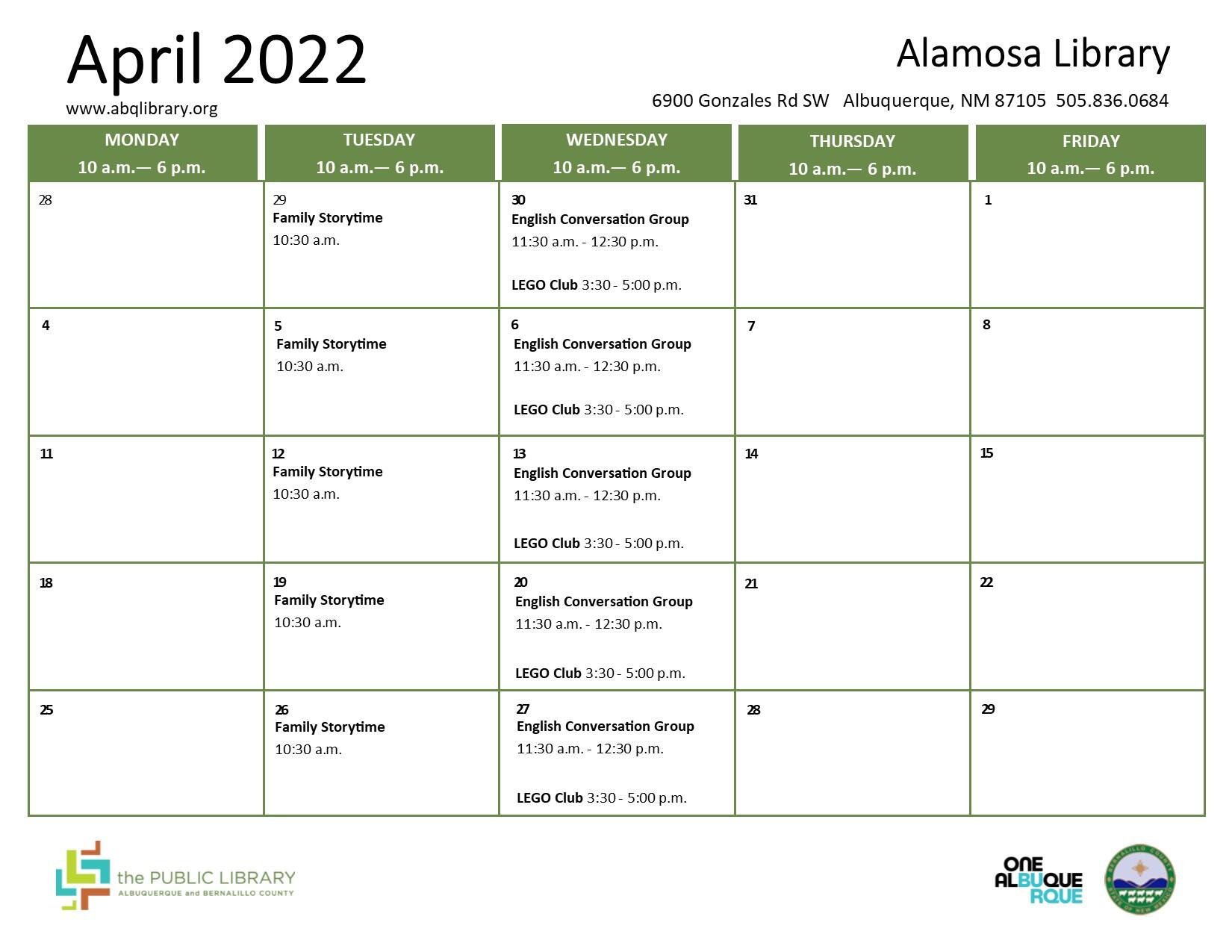 Alamosa Library, April 2022 Calendar & Programs (City of Albuquerque