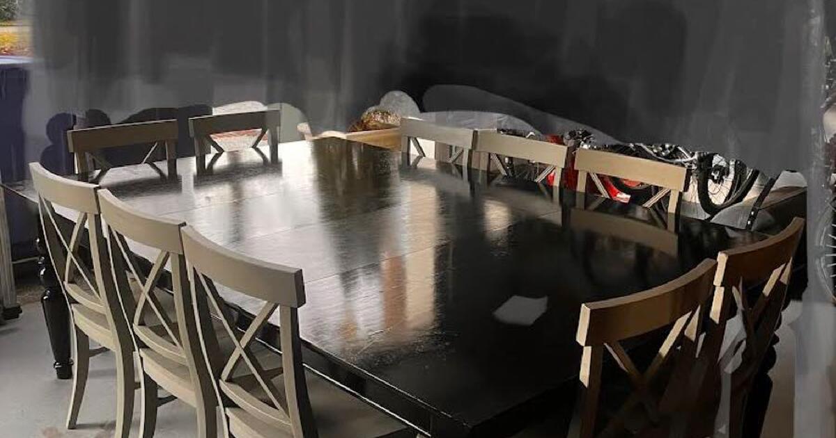 Pottery Barn Dining Set .Blk table 70” sq w/ 2 leaves each 20” 10 grey
