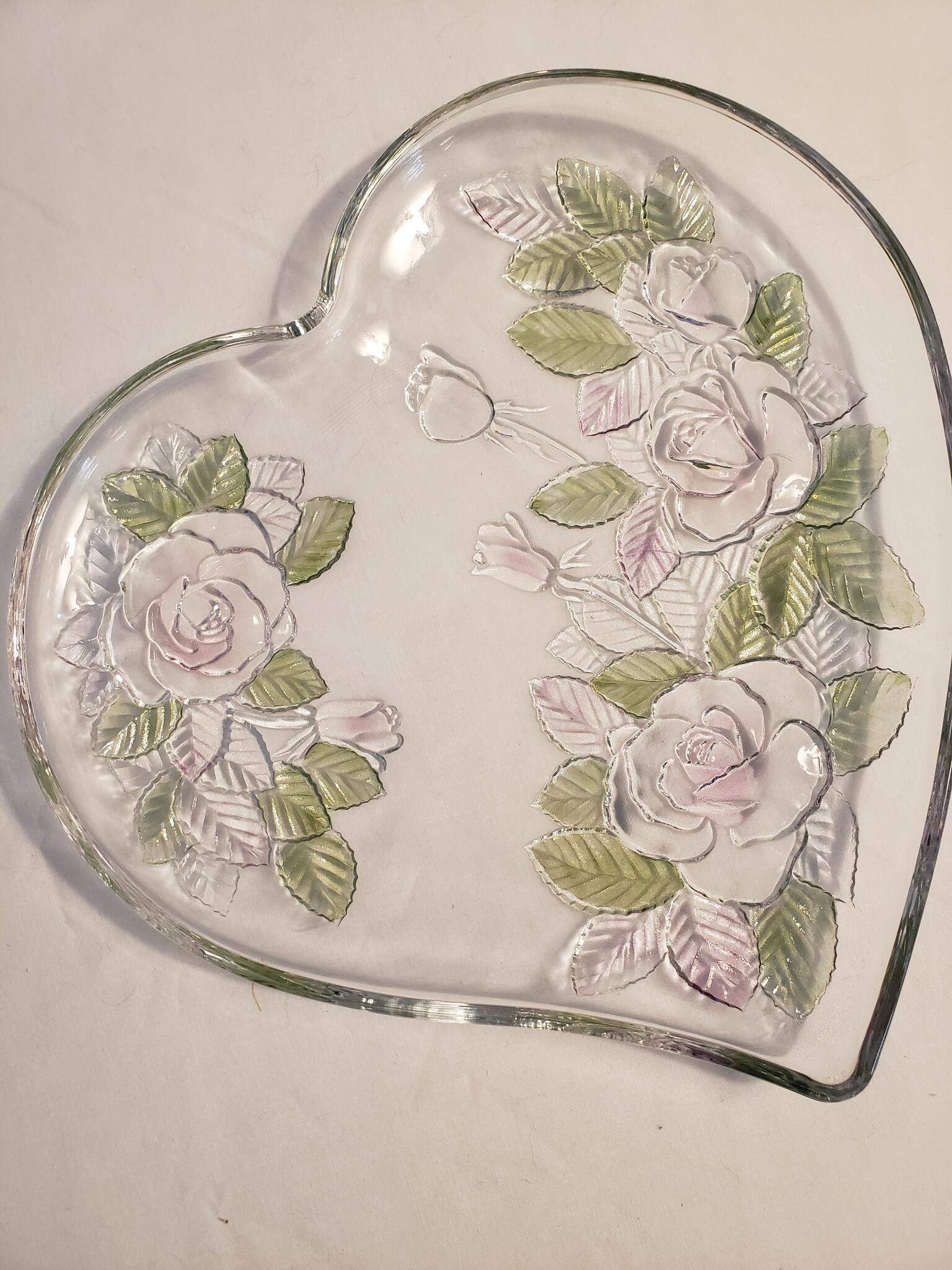 Vintage Crystal Glass Heart-shaped Platter with Embossed Roses Mikasa