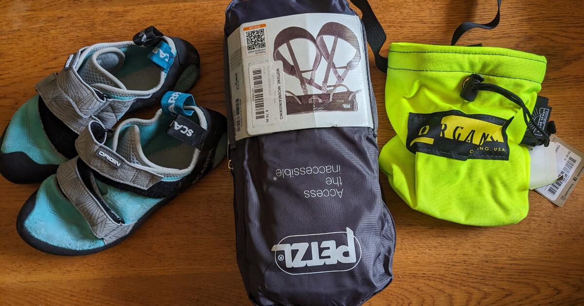 climbing shoes, harness, & chalk bag for 175 in Boulder, CO Finds