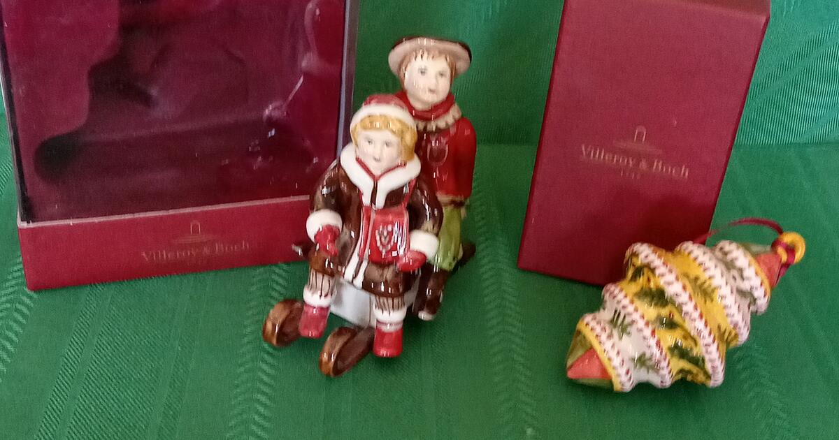 Villeroy & Boch Winter Joy (girl and boy on sled) and Christmas holly