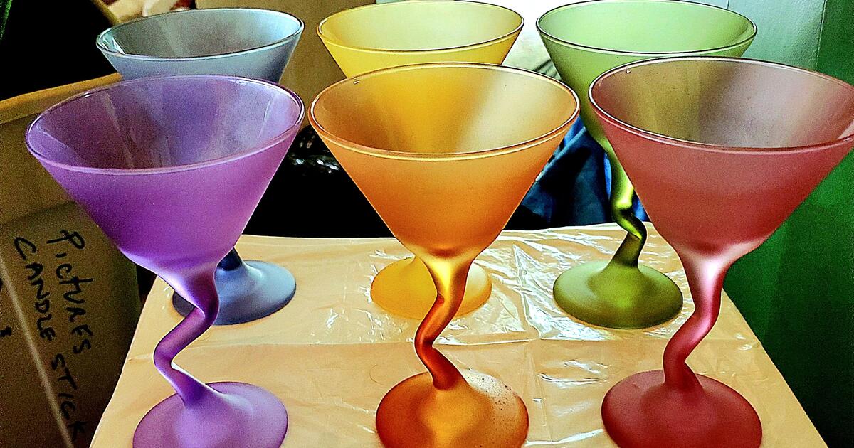 Campy Libbey Fundamental 6 piece Watusi Jewel Martini Glasses. Vintage