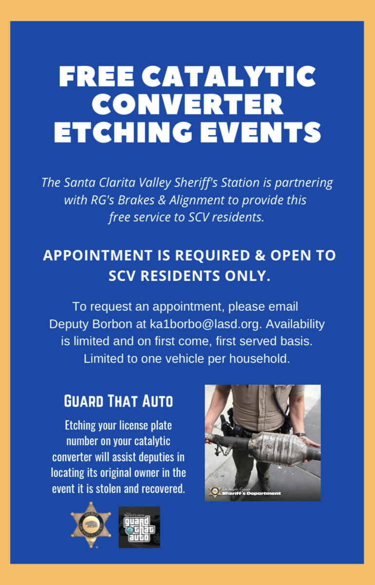 SCV Sheriff’s Station Announce Free Catalytic Converter Etching Event