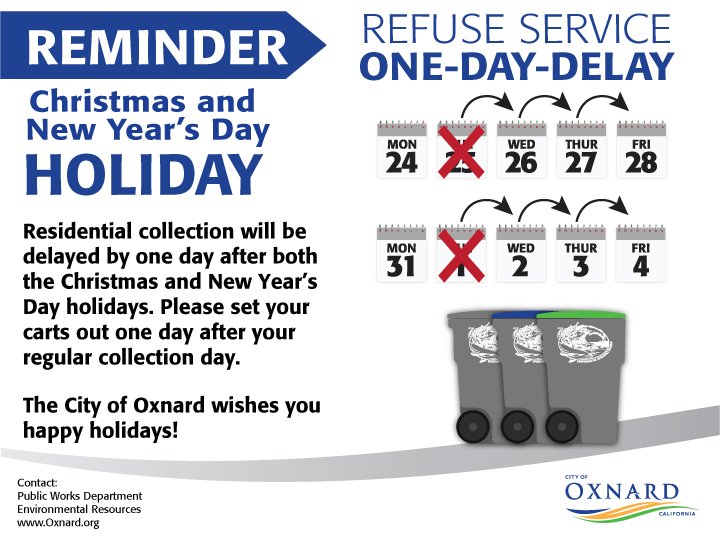 Residential trash collection schedule for the Christmas and New Year's