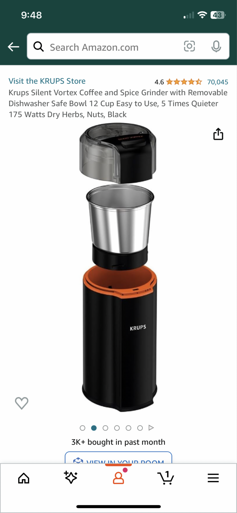 Krups Silent Vortex Coffee and Spice Grinder with Removable Dishwasher Safe  Bowl 12 Cup Easy to Use, 5 Times Quieter 175 Watts Dry Herbs, Nuts, Black