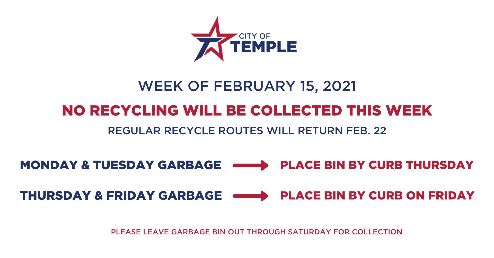 UPDATE TO CITY OF TEMPLE GARBAGE AND RECYCLE COLLECTION THIS WEEK (City ...