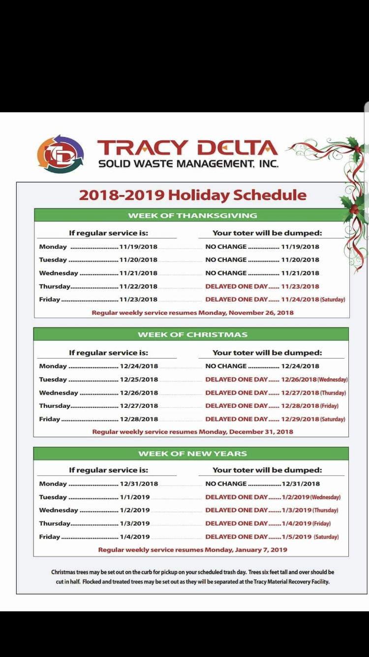 Tracy Delta Disposal Service 2018 2019 Holiday Schedule City Of Tracy Nextdoor Nextdoor
