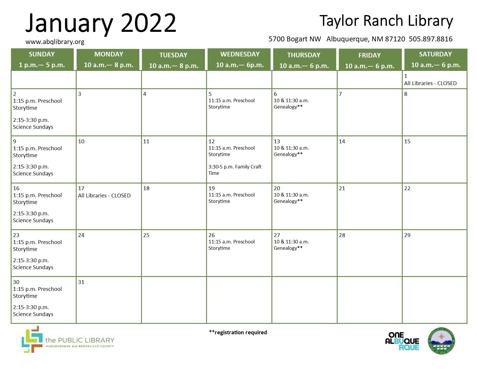 Taylor Ranch Library, January 2022 Calendar & Programs (City of