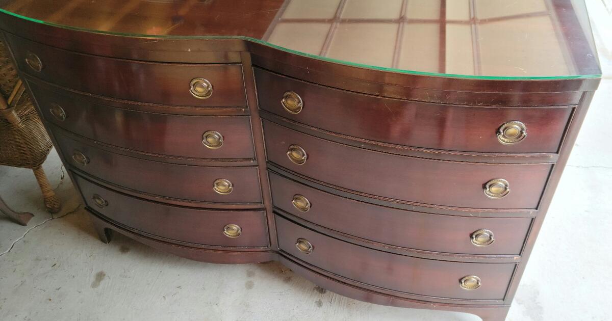 Vintage (antique?) Mahogany Double Dresser + Glass Top + Mirror for