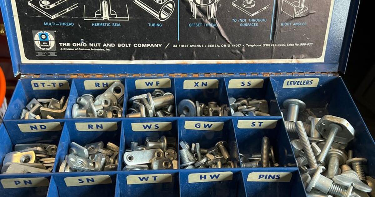 Box of vintage Ohio weld fasteners nuts and bolts Company for 40 in
