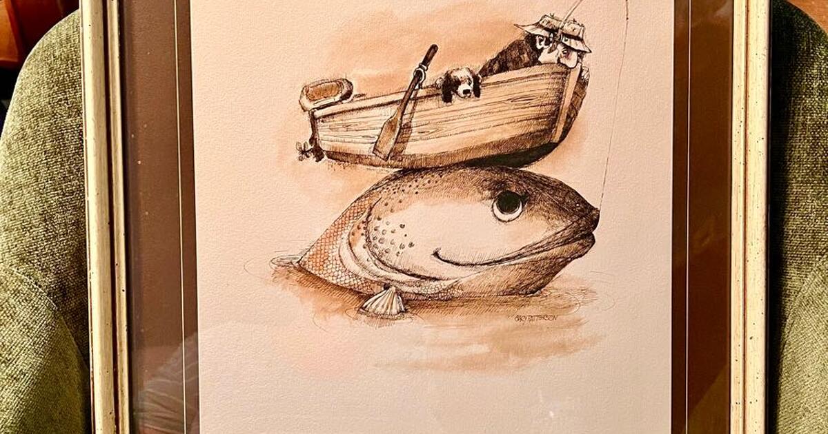 Great gift for a fisherman the catch vintage framed drawing by artist