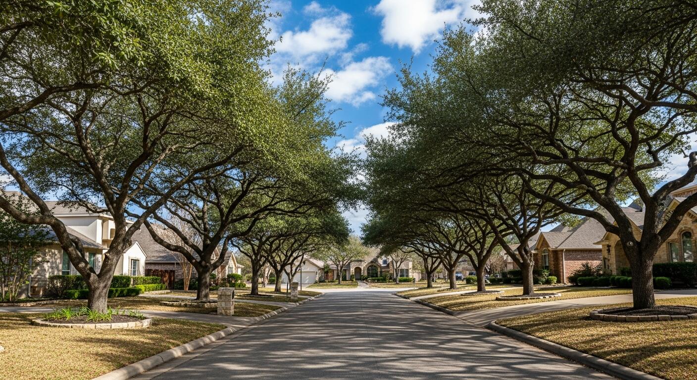 Mature oak-lined residential street in Scenic Oaks near San Antonio, Texas