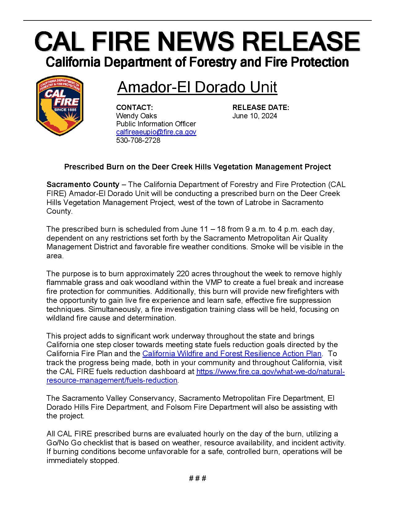 The CAL FIRE Amador-El Dorado Unit will be conducting a prescribed burn ...