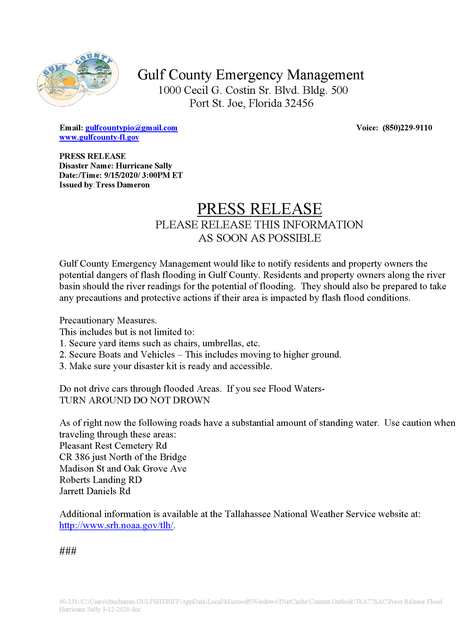 EM Potential Dangers of Flash Flooding in Gulf County (Gulf County