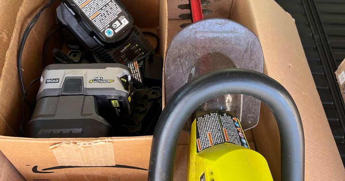 Ryobi chargers/batteries. Ryobi hedge trimmers. Various drywall tools