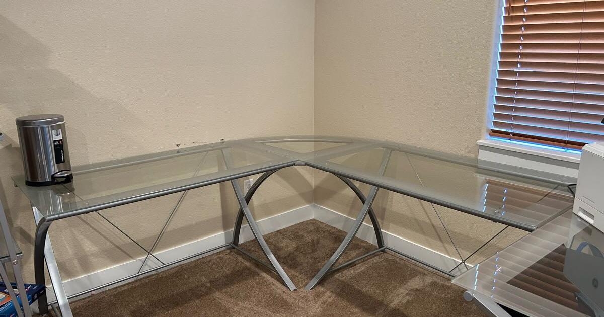 Corner glass desk with extra table and shelf unit for 70 in Greeley