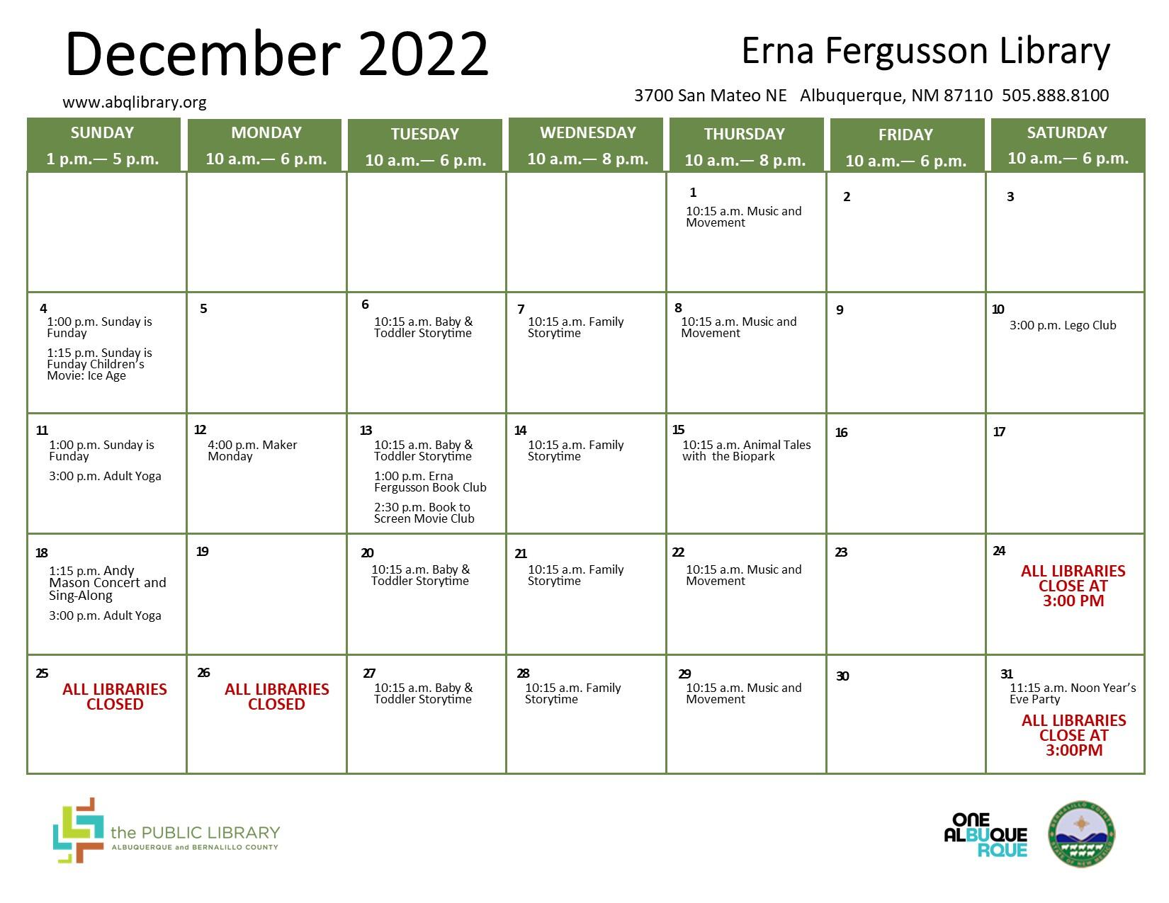 Erna Fergusson Library, December 2022 Calendar & Programs (City of ...