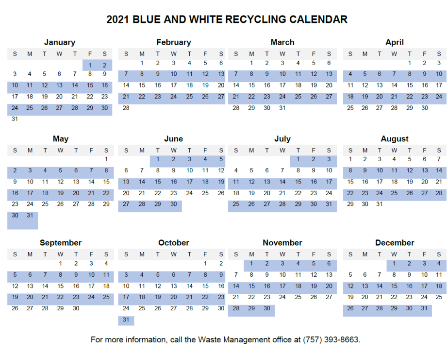 2021 City of Portsmouth Blue and White Recycling Calendar (City of