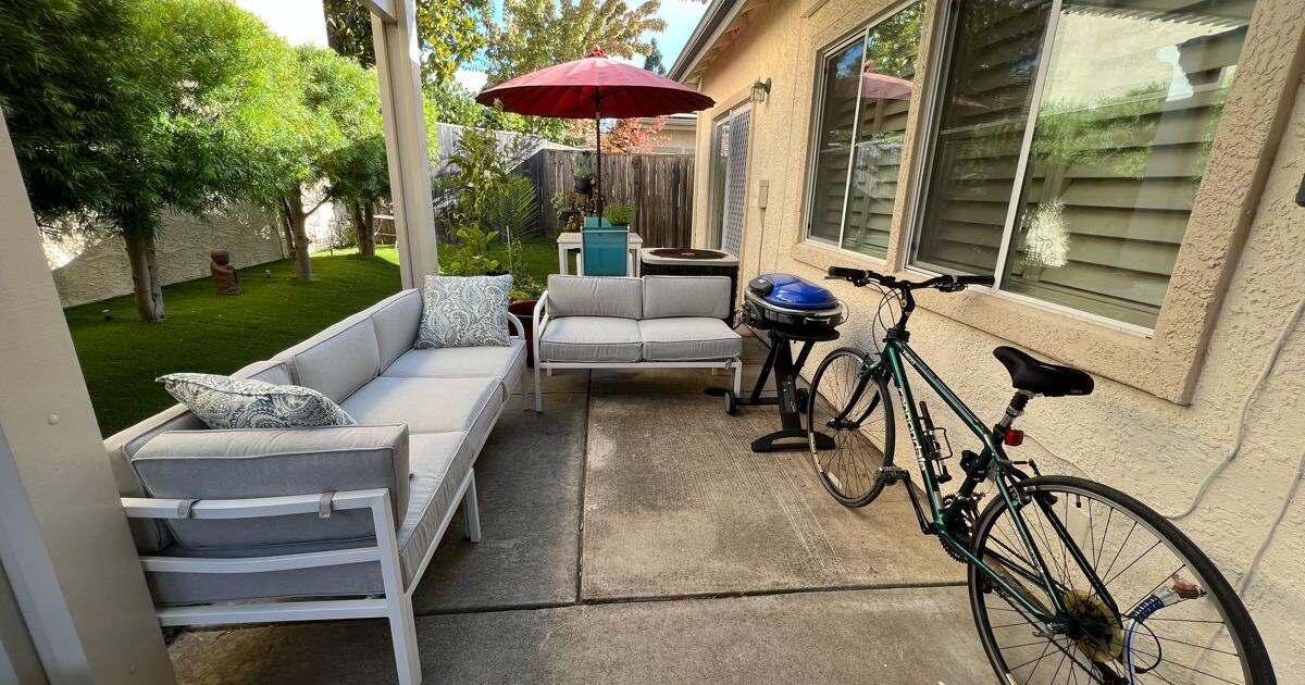 Yard sale outdoor furniture, bike, BBQ grill, indoor dinner table