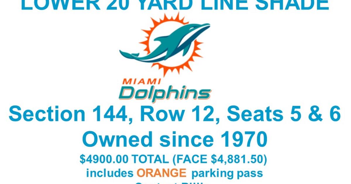 MIAMI DOLPHINS SEASON TICKETS 20 YARD LINE Lower 100 Level South Side SHADE  Section 144, Row 12 For $4,900 In Davie, FL