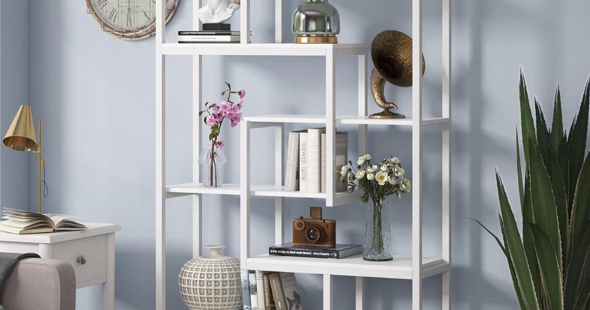 New in Box! 8-Shelves Staggered Bookshelf, Rustic Industrial Etagere ...