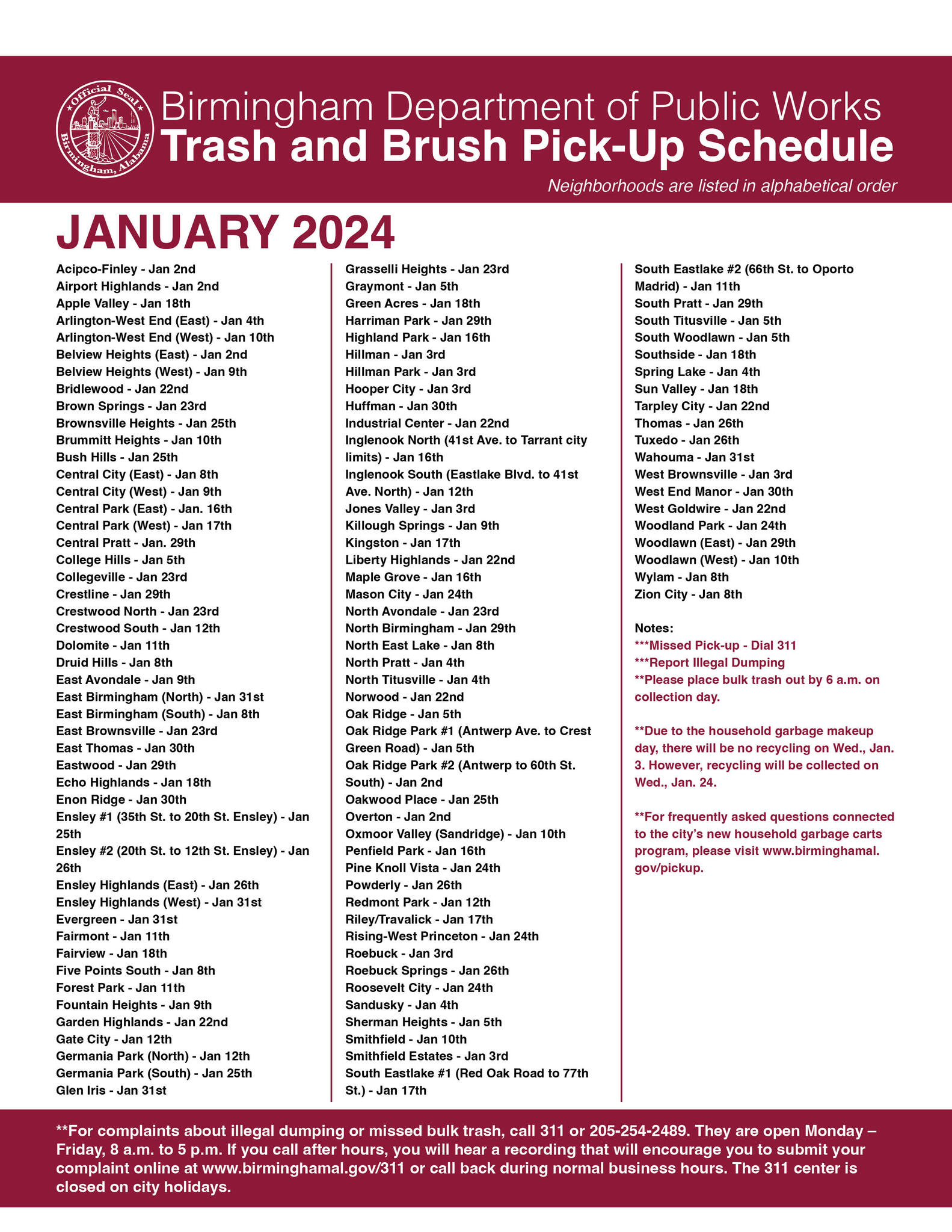 Here's our bulk trash pickup schedule for January 2024 (City of