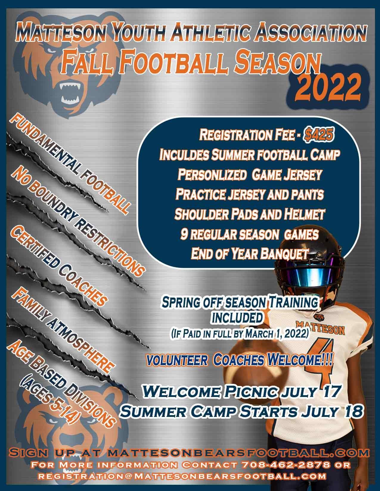 2022 Matteson Bears Football & Cheer Registration (Village of Matteson ...