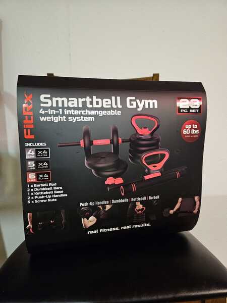 FitRx SmartBell Gym, 60 lbs. 4-in-1 Adjustable Interchangeable Dumbbell,  Barbell, and Kettlebell Weight Set, Black