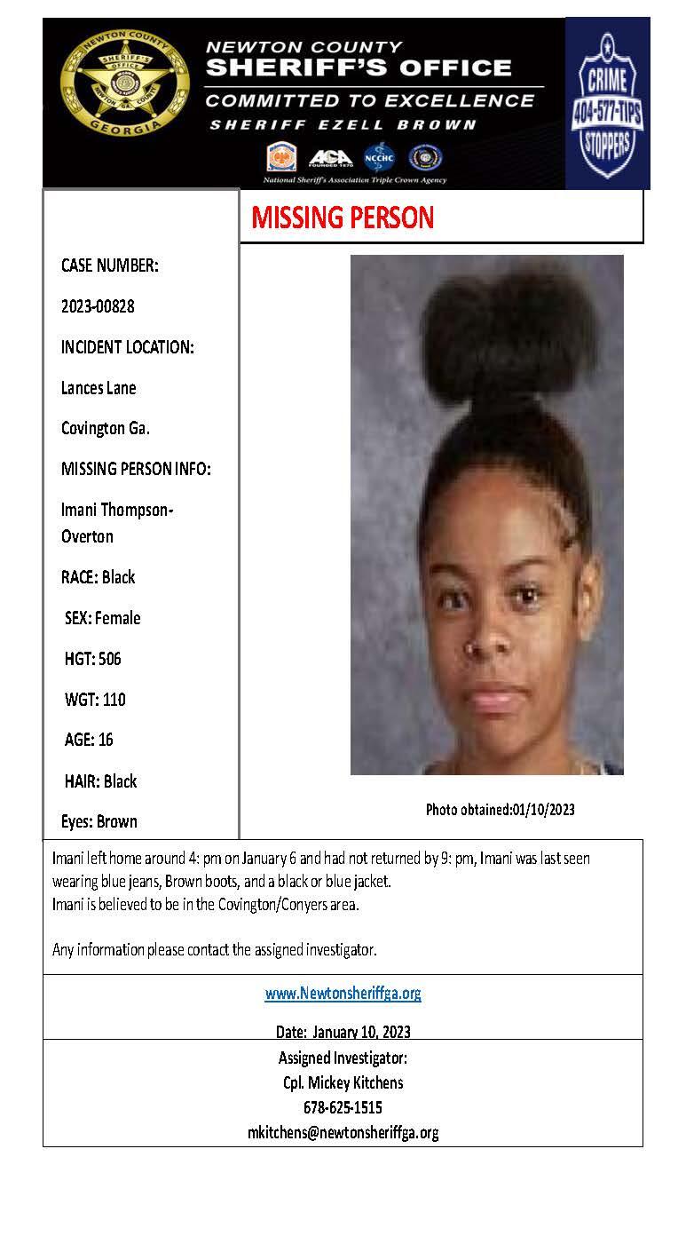 MISSING PERSON ALERT Imani ThompsonOverton (Newton County Sheriff's