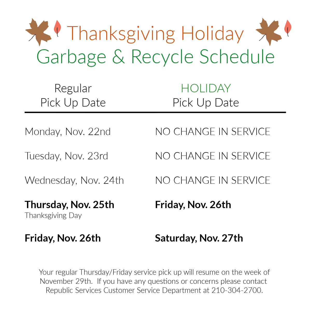 Thanksgiving Holiday Garbage & Recycling Schedule REMINDER (City of
