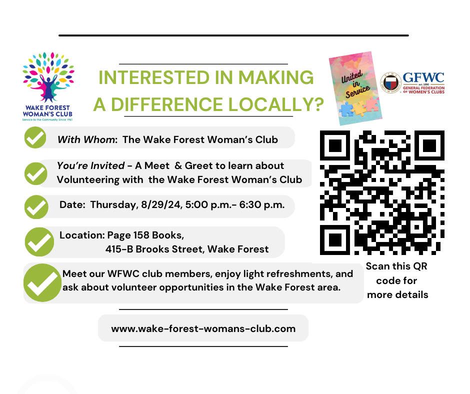 8/29/24 Meet and Greet - Wake Forest Woman's Club - You're Invited!