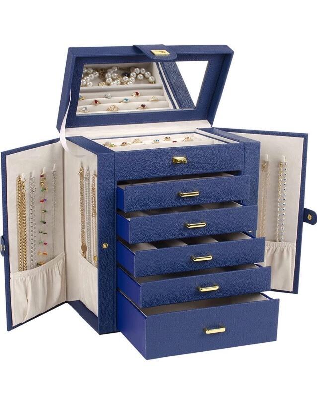 NEW! BLUE AKOZLIN Large Jewelry Box - Lockable with Big Mirror, Leather ...