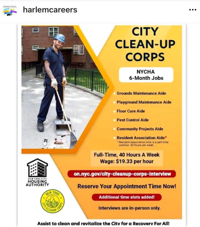 NYCHA 6 Month Jobs City Clean Up Corps. is hiring Manhattan