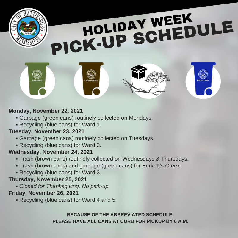 Holiday Schedule for Garbage, Trash & Recycling Collection (City of