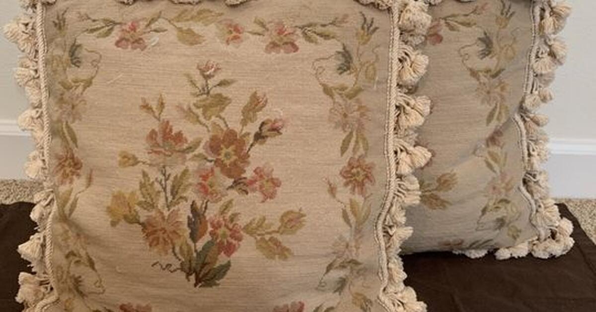 Estate Sale Hand Needlepoint Pillows Pair 16" square for 22 in