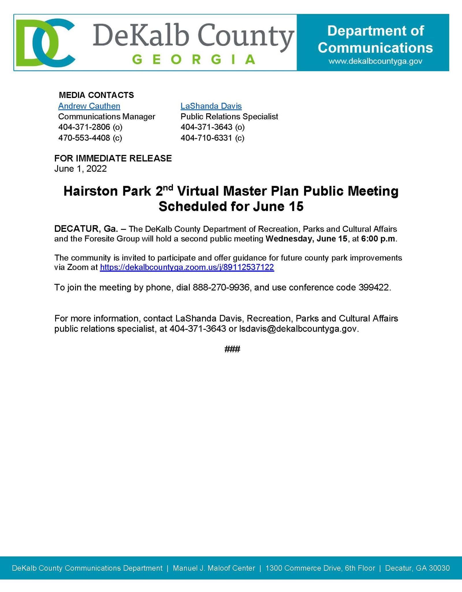 Hairston Park 2nd Virtual Master Plan Public Meeting Scheduled for June