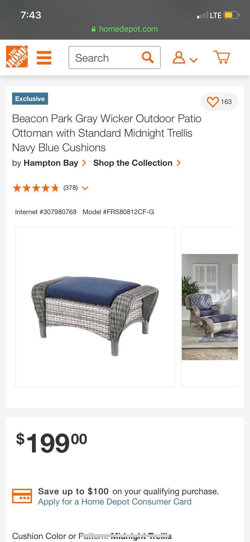 Hampton Bay Beacon Park Gray Wicker Outdoor Patio Ottoman With