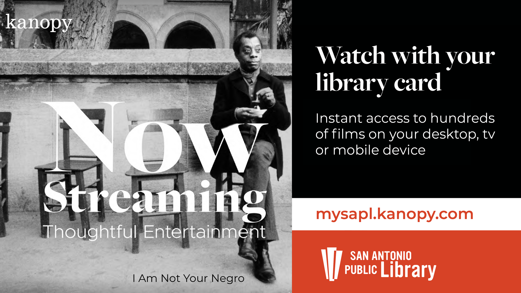 📢 Kanopy is now available with your SAPL card! 📢 (City of San Antonio