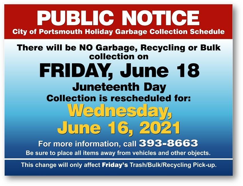 Holiday Garbage Collection Schedule for Day 2021 (City of