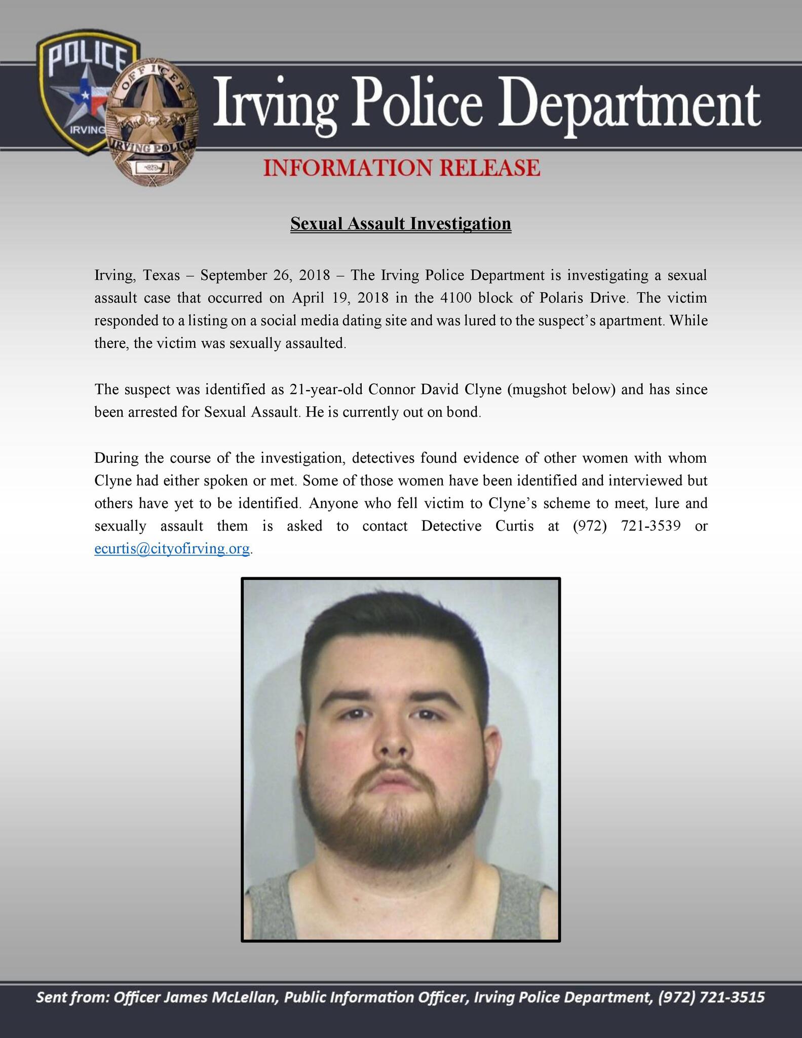 Media Release Sexual Assault Investigation (Irving Police Department