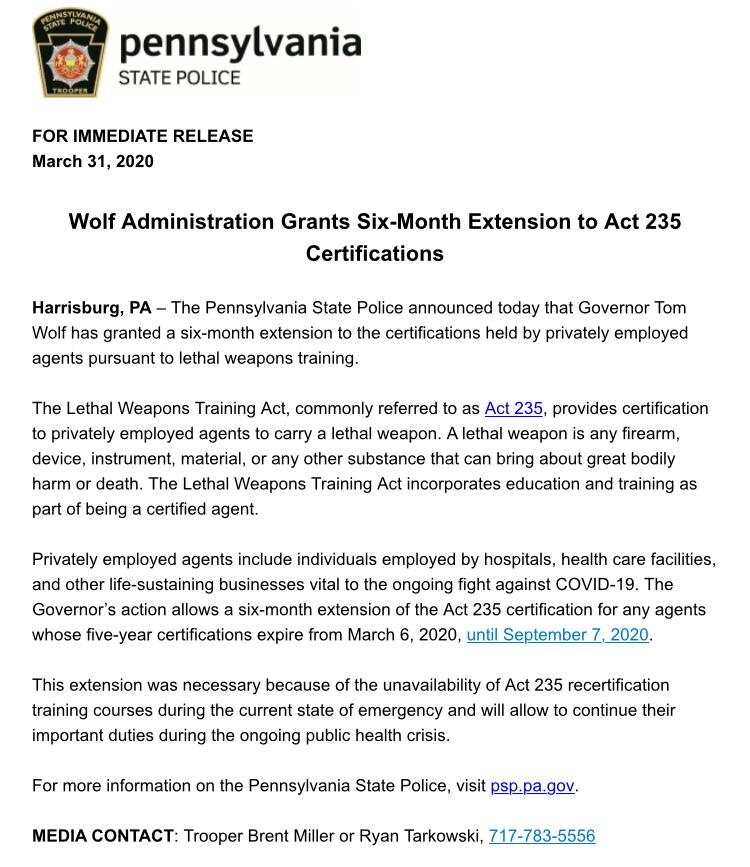 Wolf Administration Grants SixMonth Extension to Act 235
