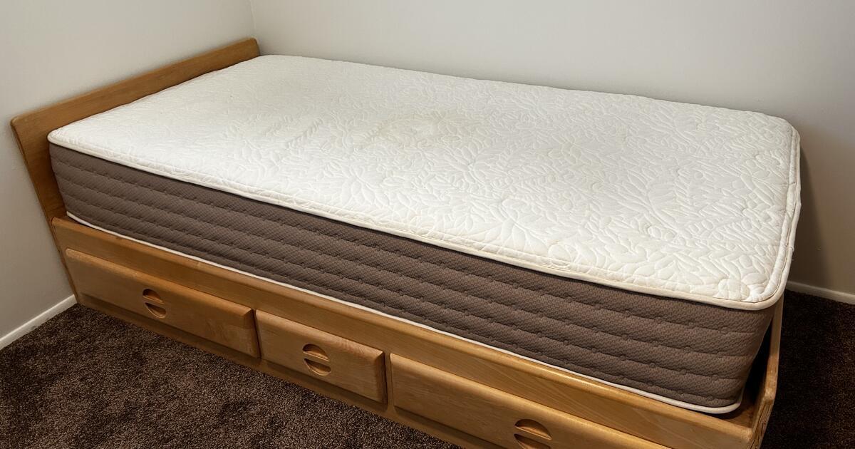 Wooden twin bed frame with 3 drawers + mattress for 30 in Boise, ID