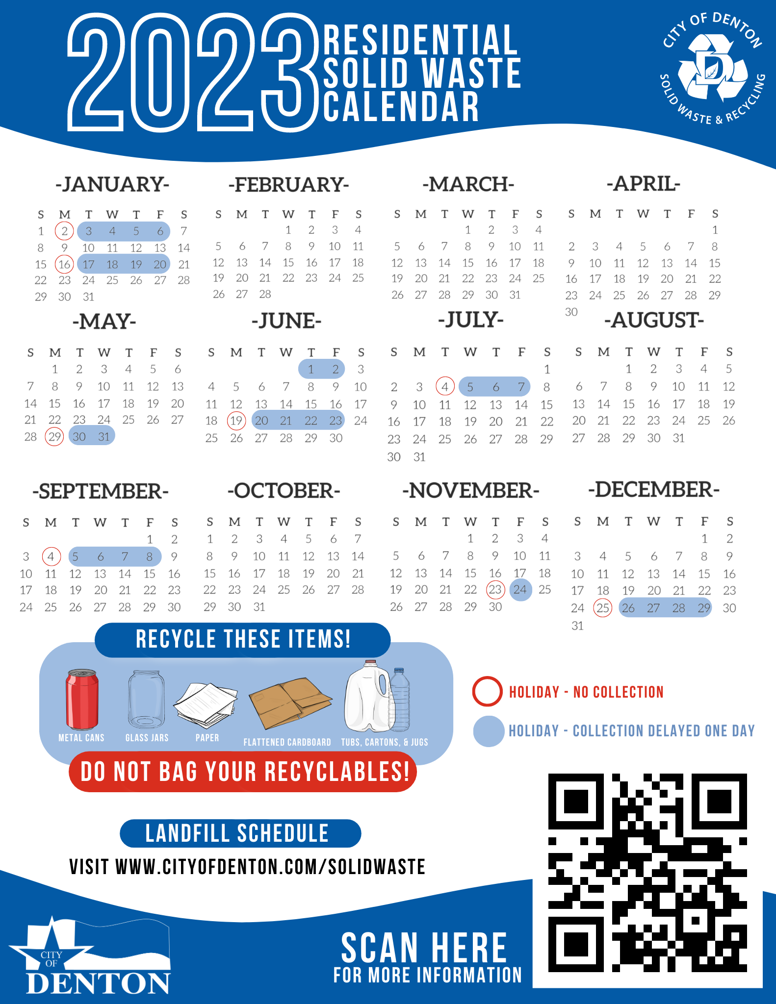 2023 Holiday Calendar. (City of Denton Solid Waste & Recycling