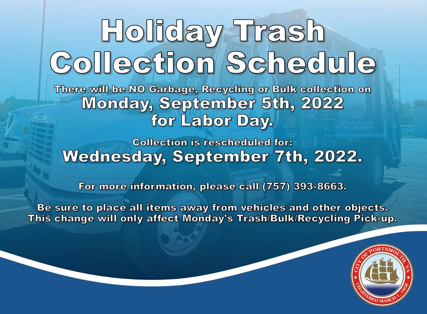 Trash Collection Schedule for Labor Day 2022 (City of Portsmouth