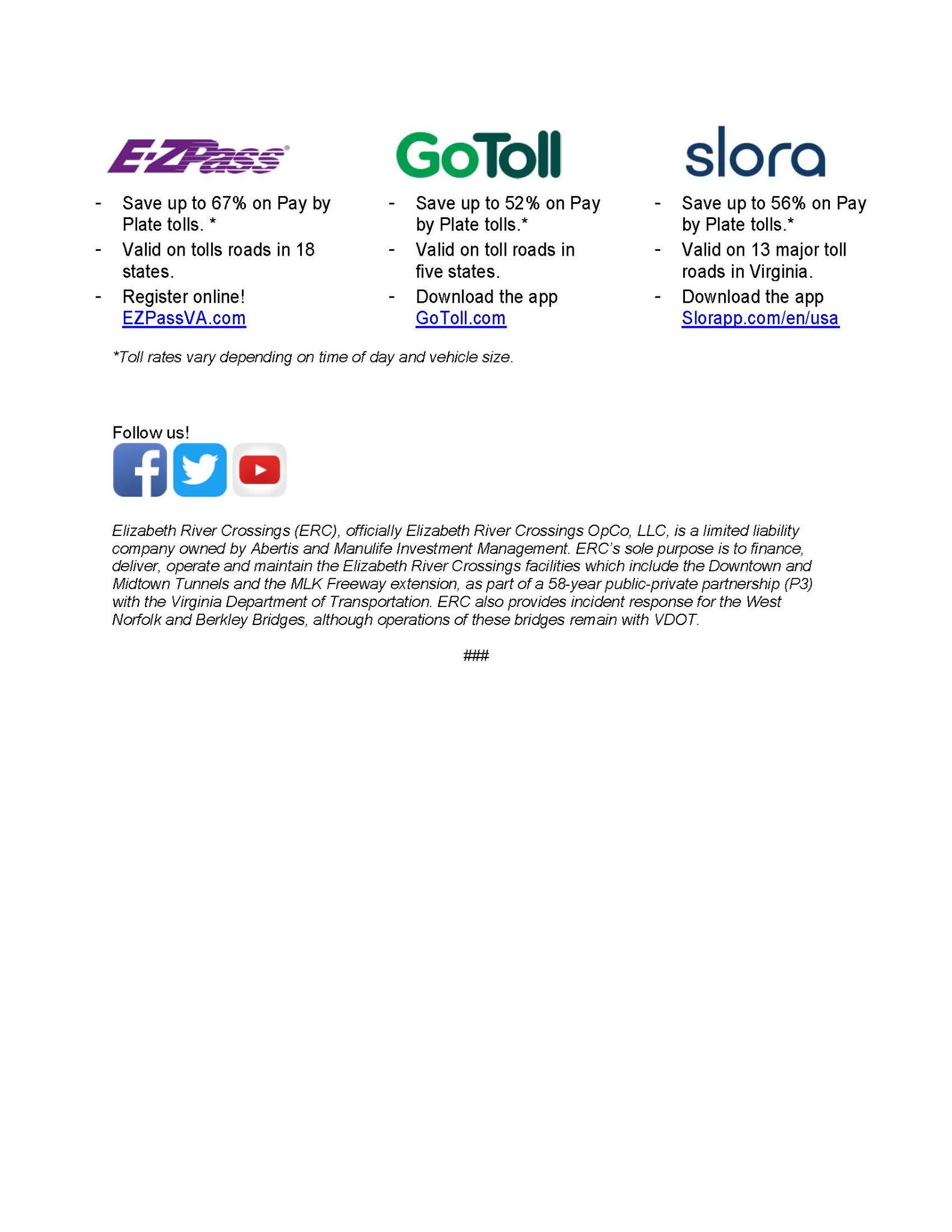 Elizabeth River Tunnels Toll Increase Effective January 1, 2022 (City