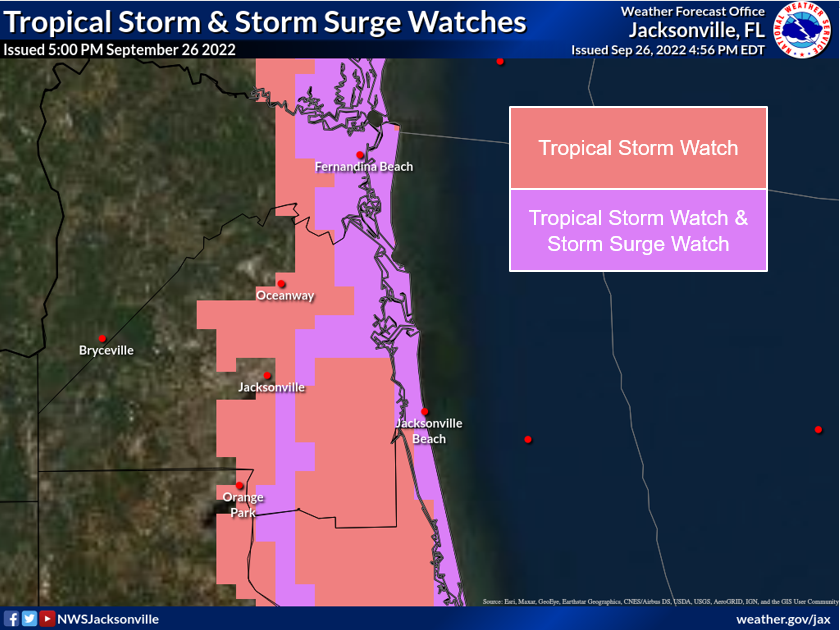 Tropical Storm Watch and Storm Surge Watch issued for Coastal Duval