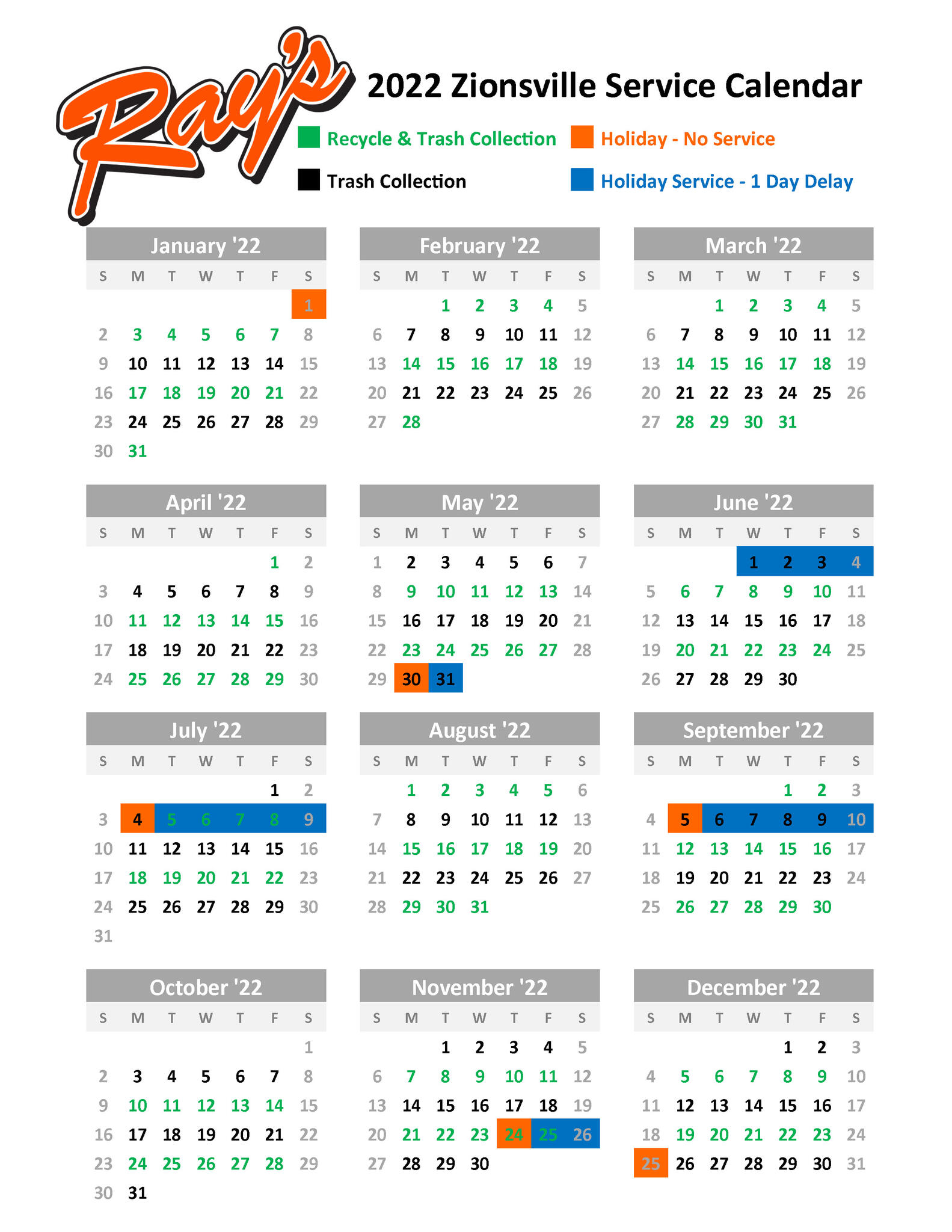 2022 Ray's Trash calendar (Town of Zionsville) — Nextdoor — Nextdoor